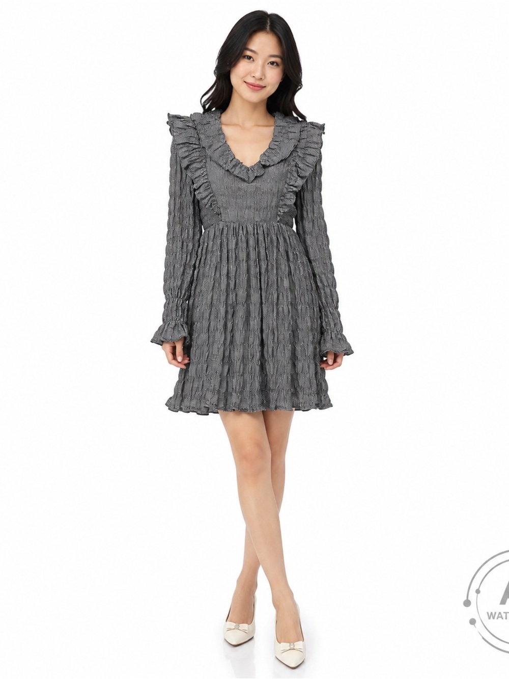 Moon River Micro Gingham Ruched Ruffled Babydoll Dress Black White XS